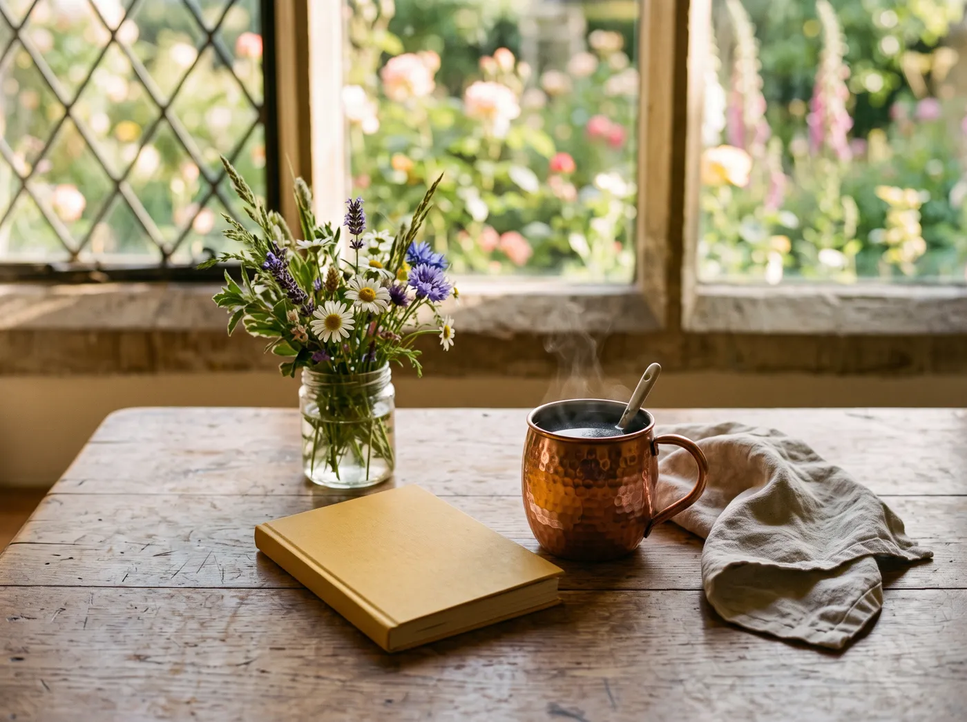 A small paperback resting on a wooden table