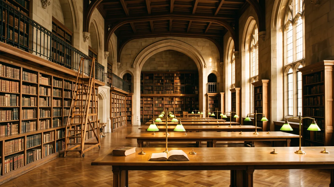 Library shelves lit by afternoon light
