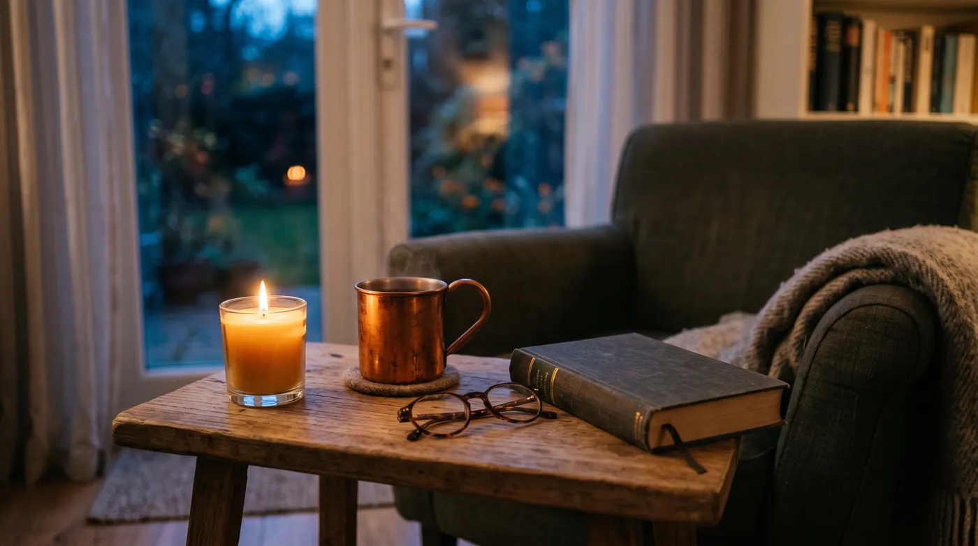 A candle, a copper mug of tea and a closed book beside an armchair