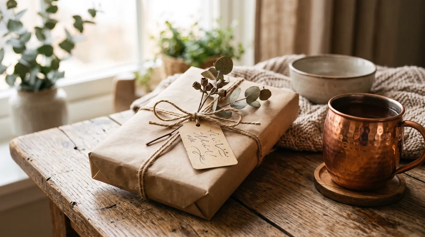 A paperback wrapped in kraft paper and twine on a wooden table