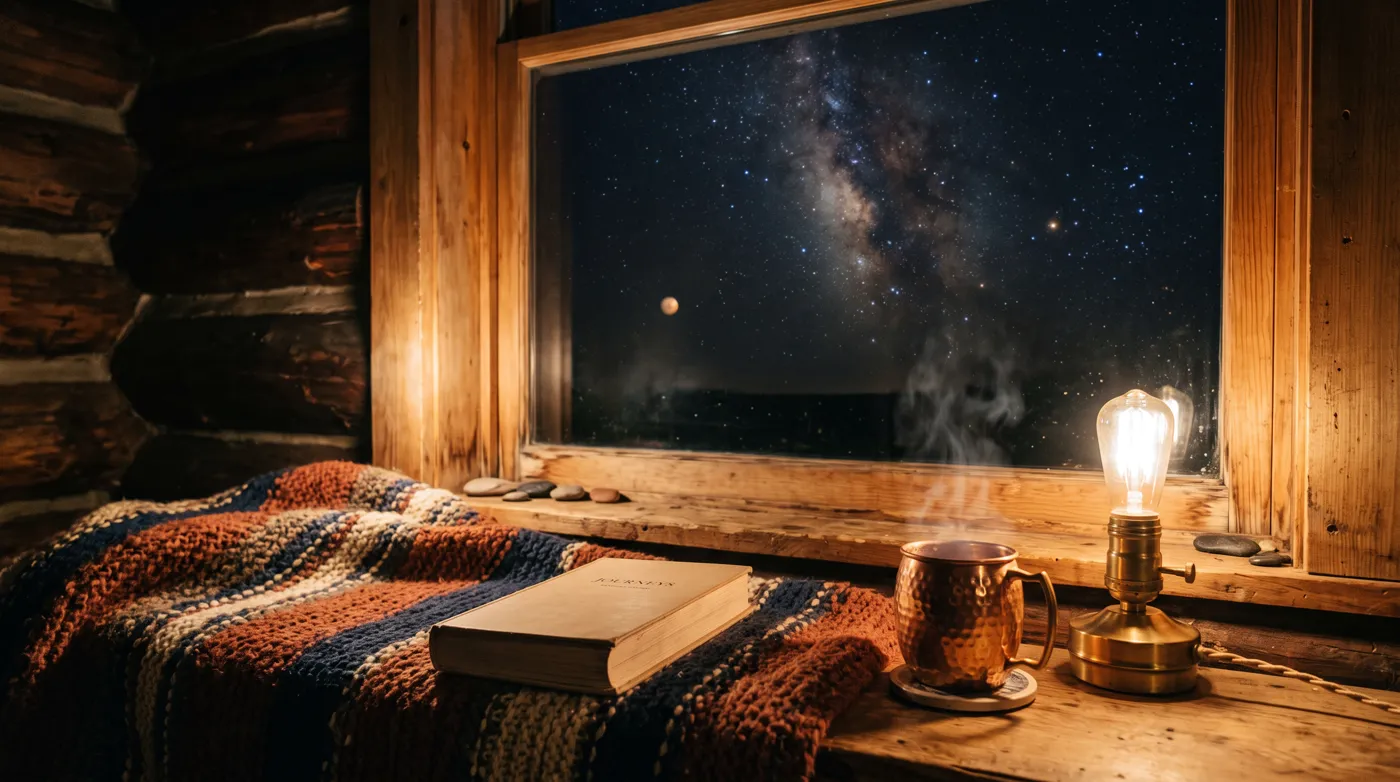 A cabin window with a starry sky and a paperback on a blanket
