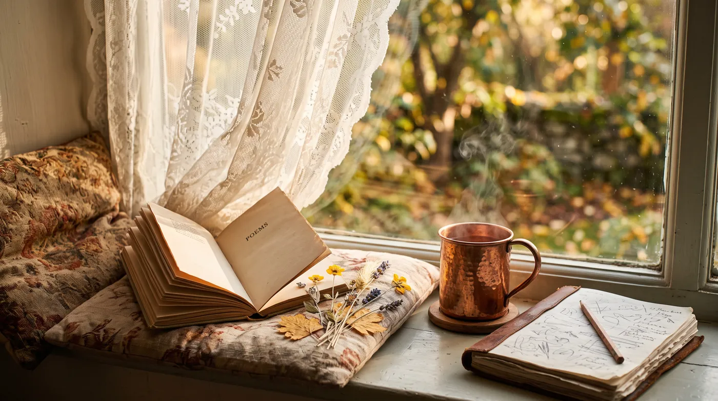 An open book of poems on a sunlit window seat with dried wildflowers