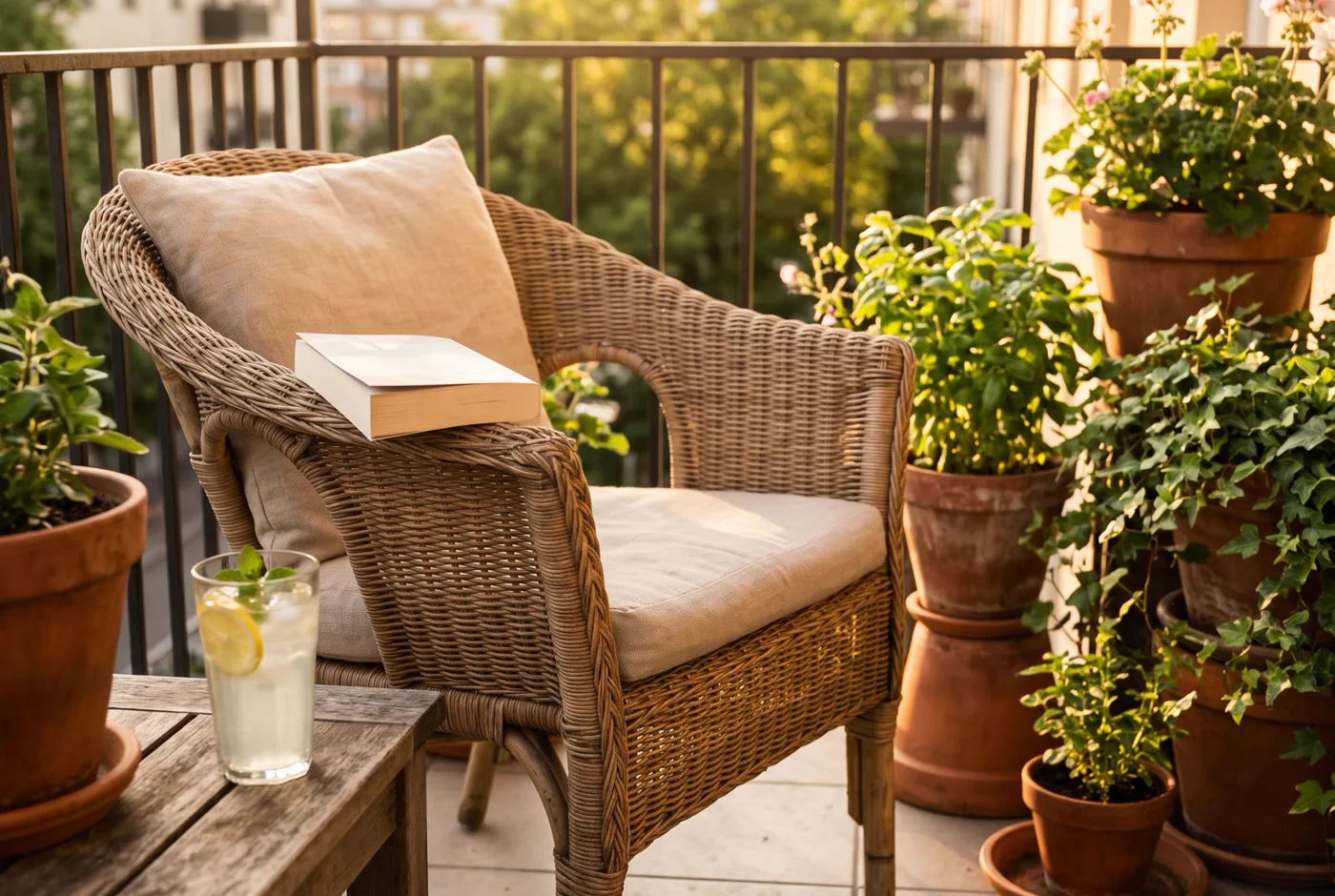 A wicker armchair on a sunny balcony with a book on the armrest, a glass of lemonade and potted herbs