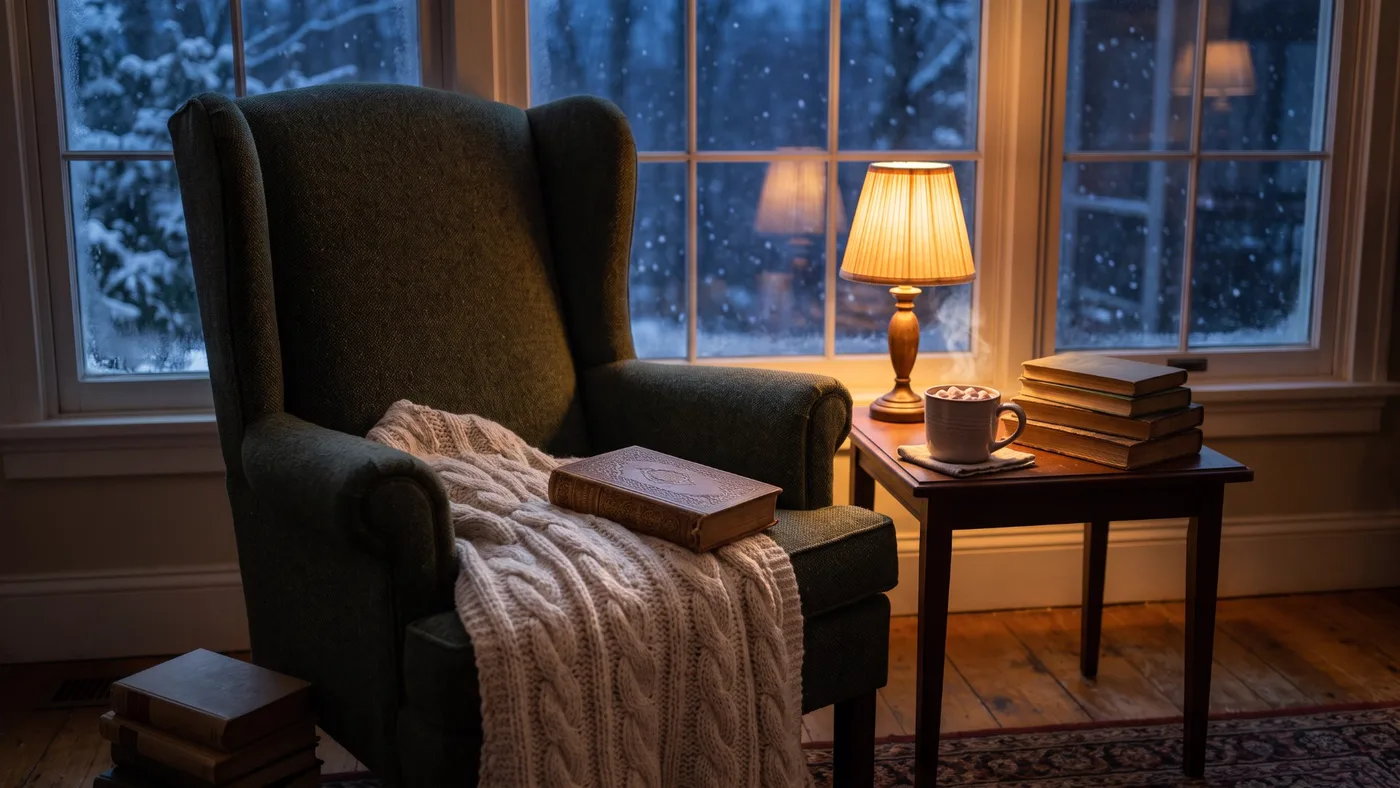 A green wingback armchair by a snowy window with a cream knitted blanket and a leather book, beside a lamp, a mug of cocoa and a stack of old books