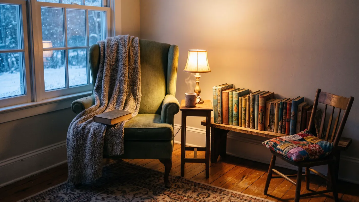 A low wooden bench of old illustrated hardback books next to an armchair, a side table with a lamp and a mug, and a chair with a patchwork cushion in a warm winter room