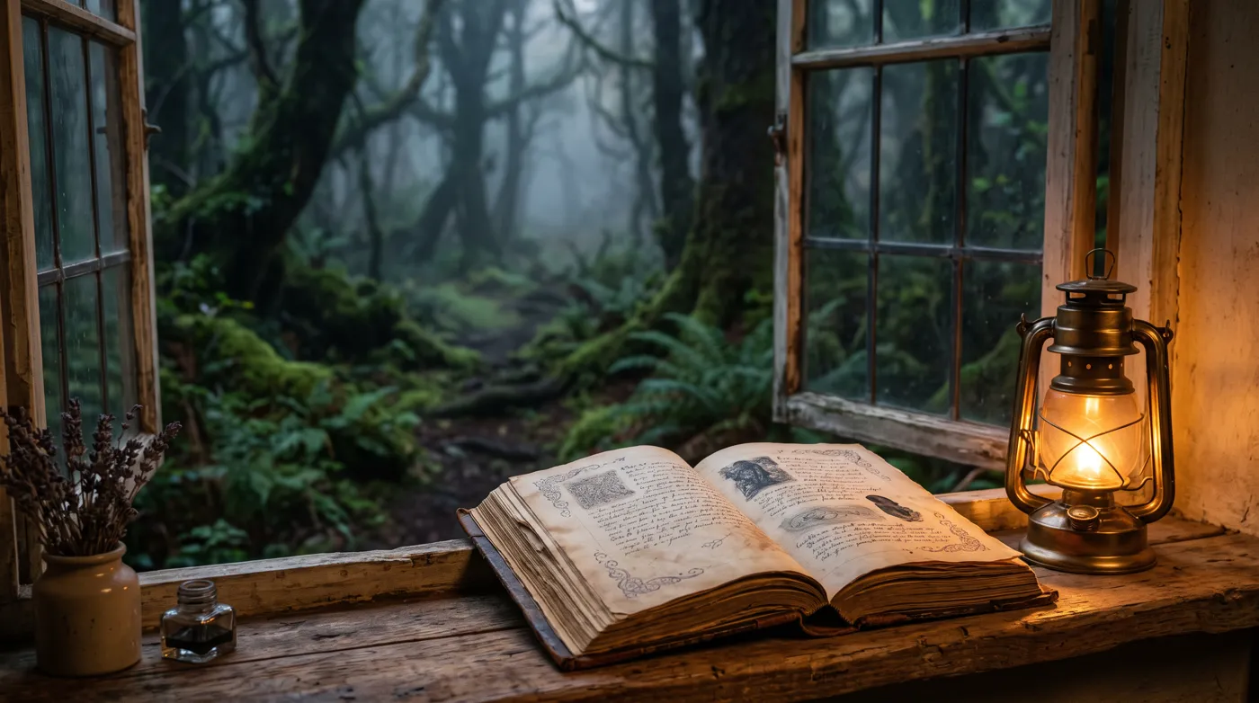 A storybook and a lantern in a cottage window at twilight
