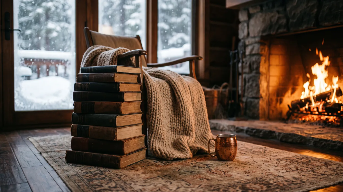A tall stack of thick hardbacks by a fire