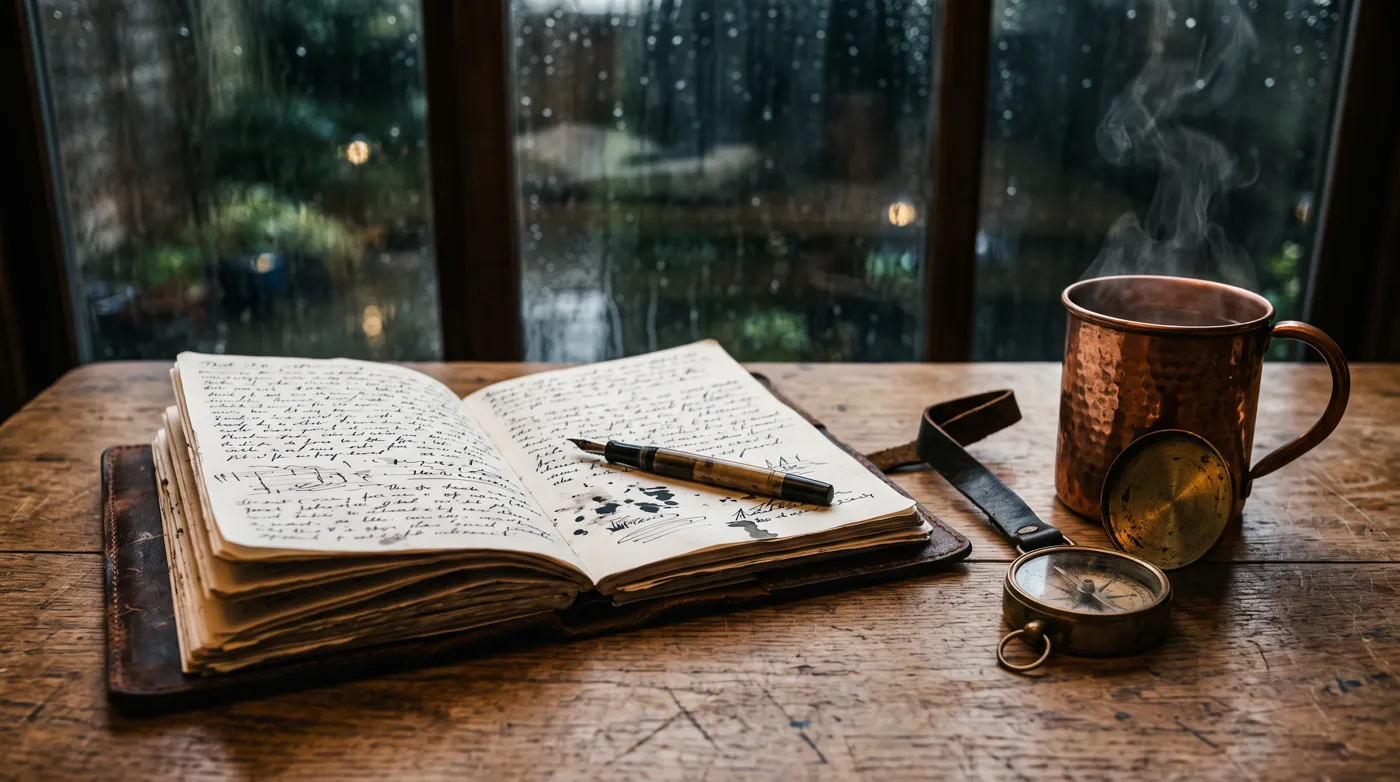 A leather journal and fountain pen on a desk