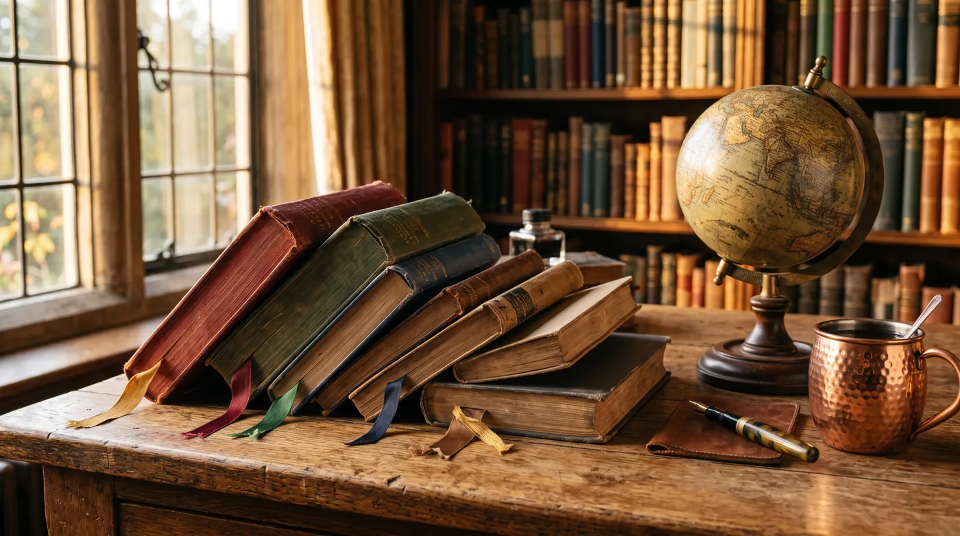 Six well-worn hardbacks with ribbon bookmarks on an oak desk beside a brass globe