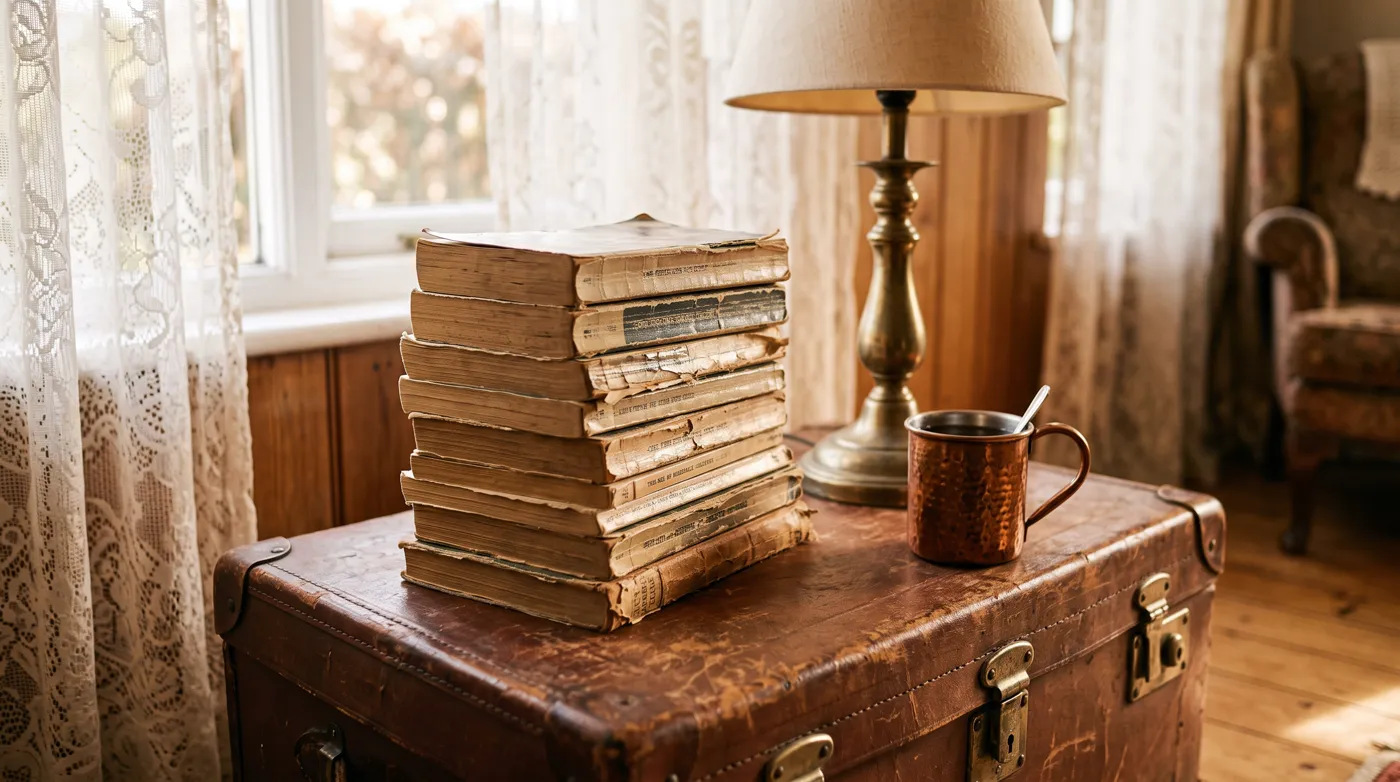 Stack of well-loved paperbacks on a leather trunk