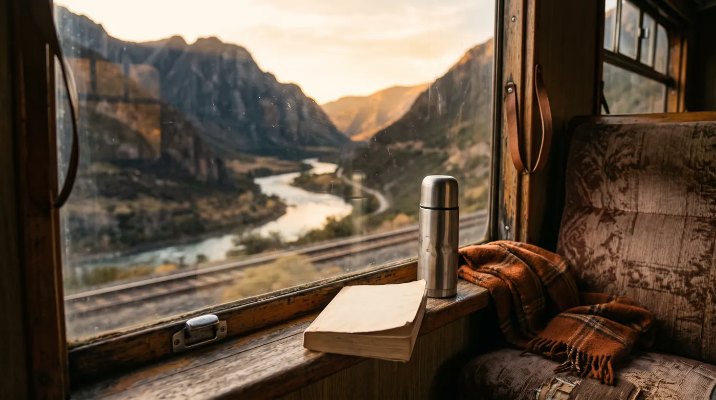 A paperback on a train table with a window beyond