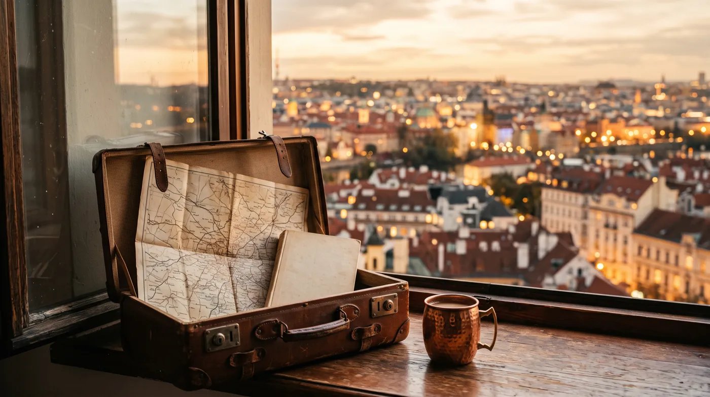 A suitcase and a paperback by a window at dusk